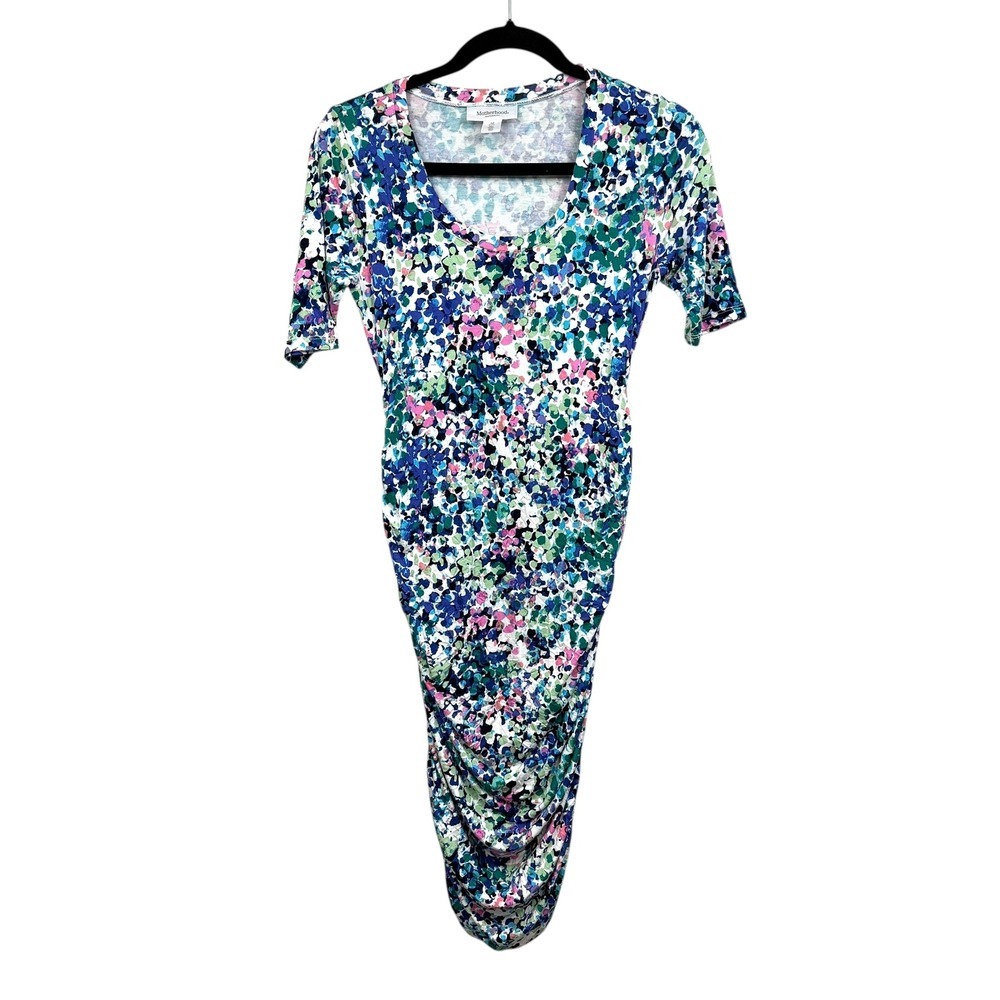Motherhood Maternity Womens Floral Print Bodycon Midi Dress V Neck Ruched Sz XS*
